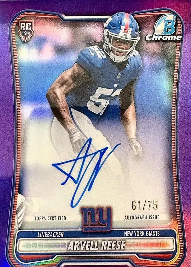 Arvell Reese 2026 Bowman Chrome Rookie Autograph, purple refractor numbered to 75