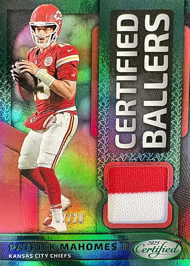 Patrick Mahomes II 2025 Certified Ballers jersey relic, numbered