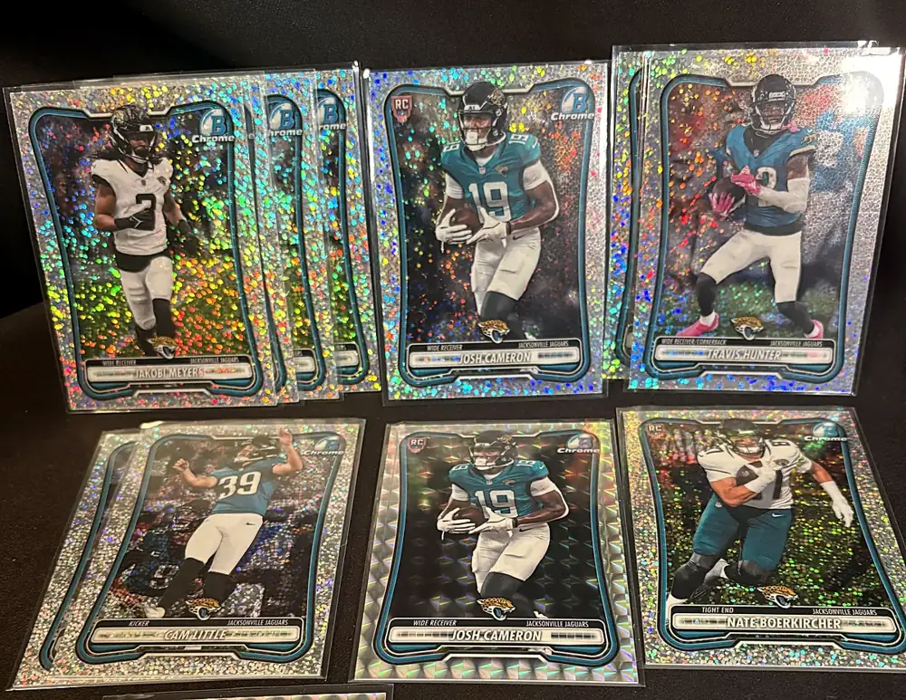 Jacksonville Jaguars cards from one team spot laid out in sleeves